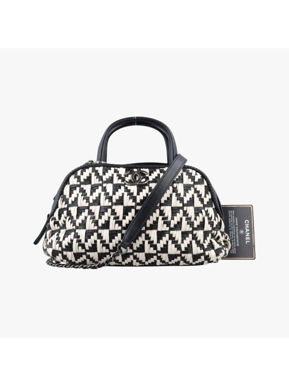 Chanel CC Woven Bowling White Black Leather